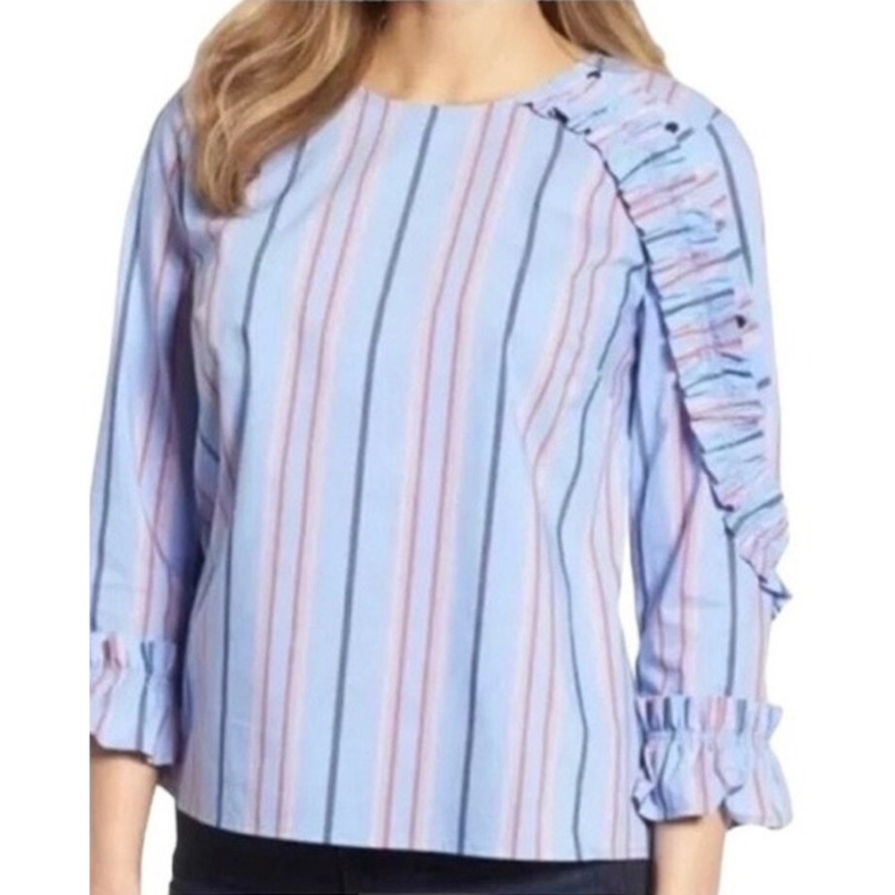 Halogen Women's Blue Striped Ruffle Sleeve Blouse‎ Top Size M Asymmetrical